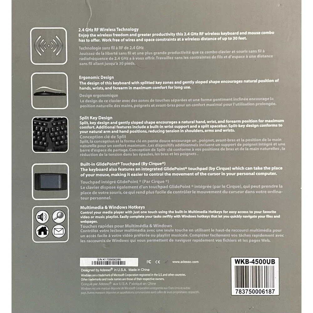 New Adesso Tru-Form 4500 Wireless Ergonomic Touchpad Keyboard WKB-4500UB